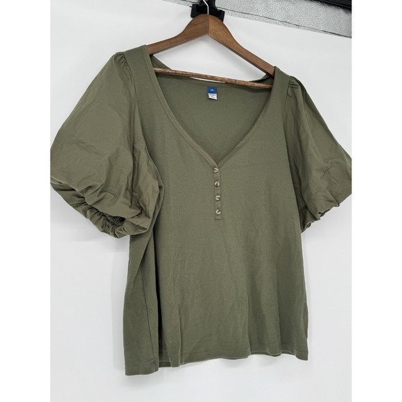 Old Navy Olive Green Puff Sleeve Henley Ribbed Knit 2X NWT Fairy Boho‎ Holiday - Picture 2 of 7